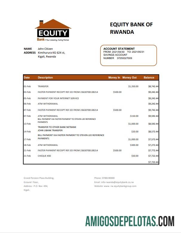 Extrato bancário de patrimônio de Ruanda realista, modelo fácil de preencher em formato de arquivo .xls e .pdf